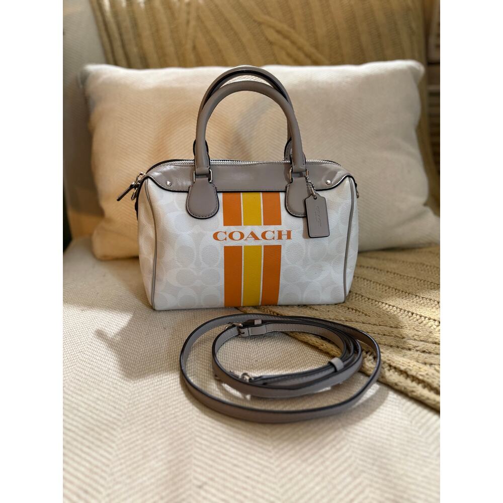 Coach Varsity Stripe Mini Bennett Satchel Signature Silver/Chalk Orange